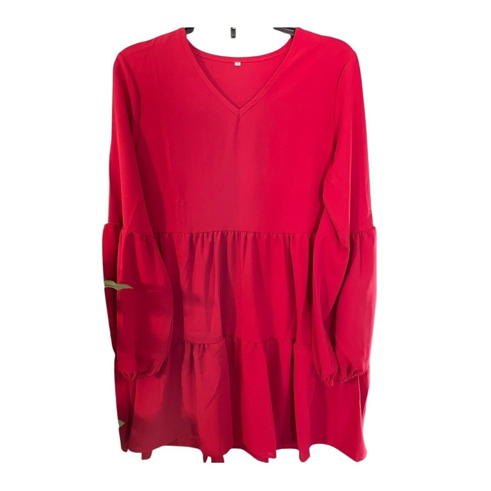 Red Womens Solid Long Bell Sleeve V-Neck Tiered Babydoll Mini Dress‎ Size Small